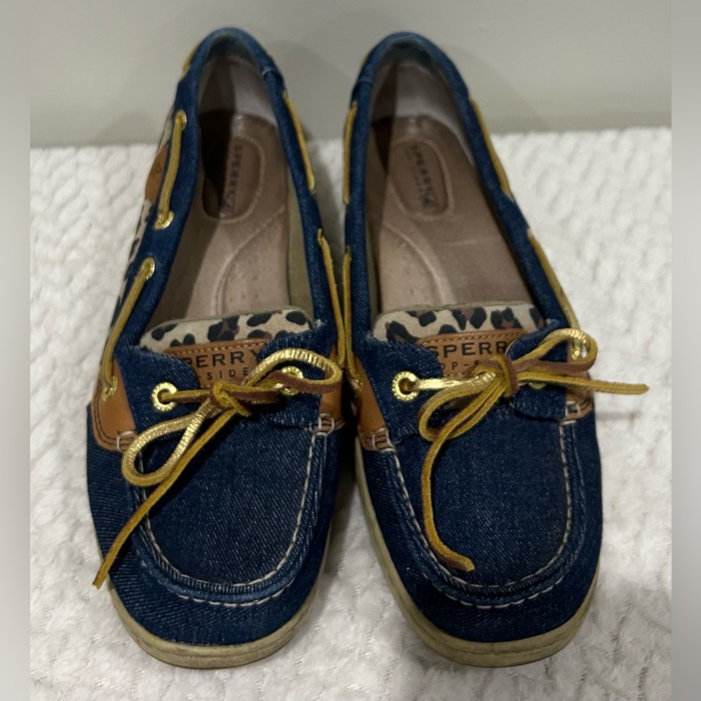 Sperry Top-Sider Denim and Leopard print Leather Boat Shoes Womens Size 8‎